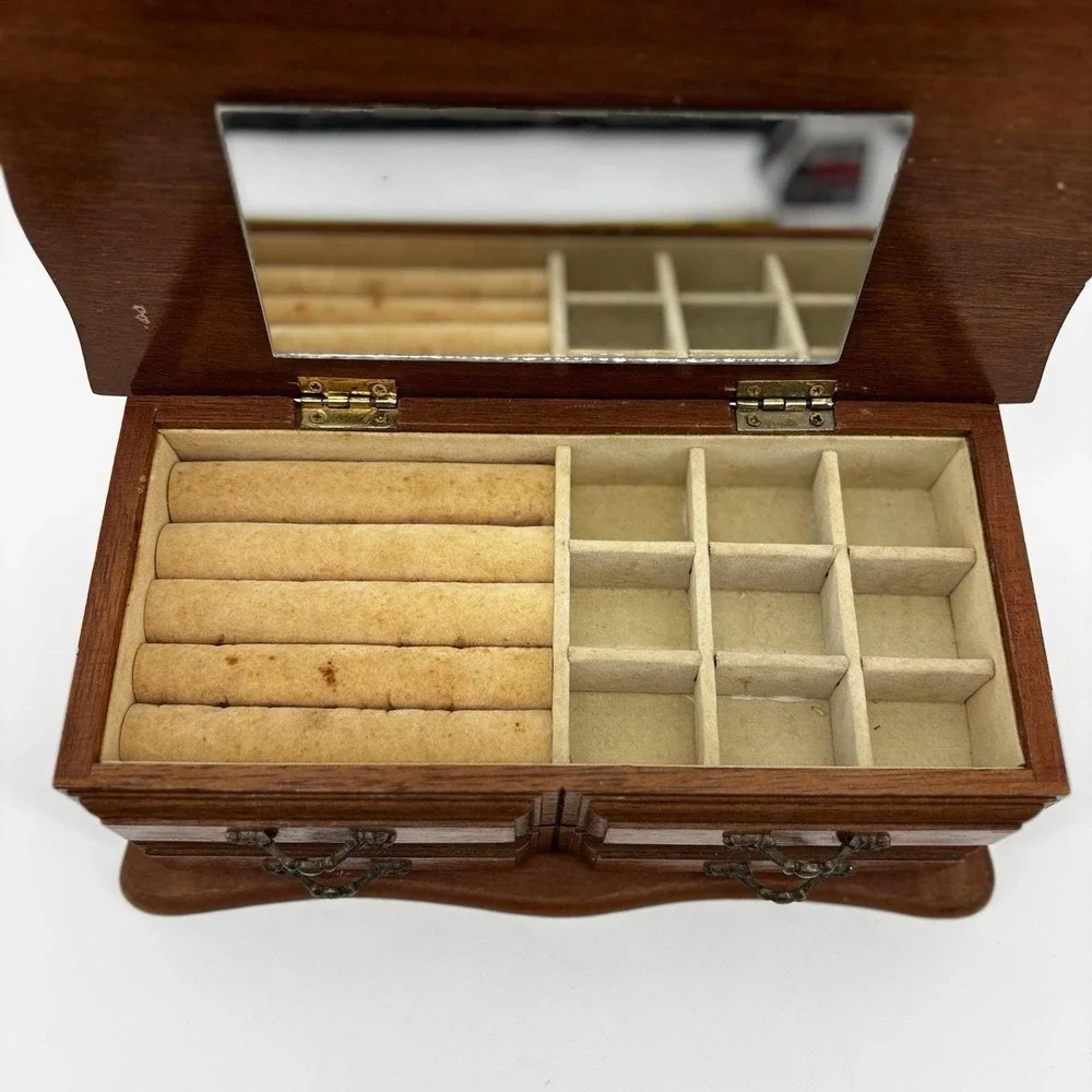 Vintage Mele Wooden Flip Top Jewelry Box Table Top Drawers Ring Holder Trinket